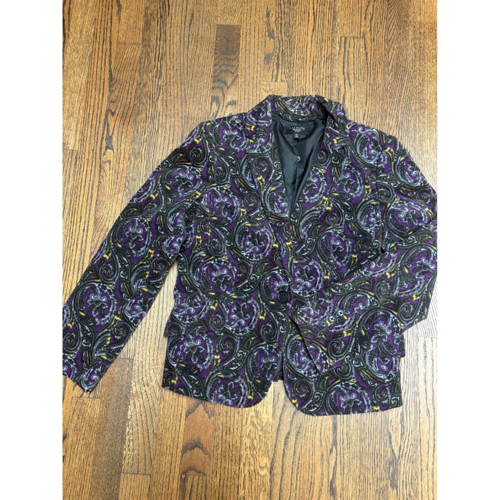 Talbots Paisley Blazer 12P Purple Velvet Cotton Stretch Whimsigoth Dark Academia